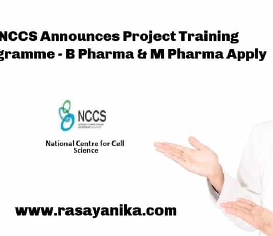 NCCS Announces Project Training Programme - B Pharma & M Pharma Apply