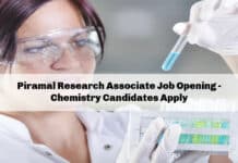 Piramal Research Associate Job Opening - Chemistry Candidates Apply