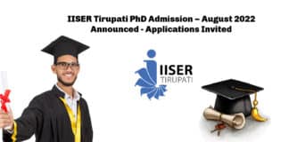 IISER Tirupati PhD Admission – August 2022 Announced - Applications Invited