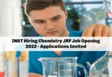 INST Hiring Chemistry JRF Job Opening 2022 - Applications Invited