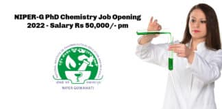 NIPER-G PhD Chemistry Job Opening 2022 - Salary Rs 50,000/- pm