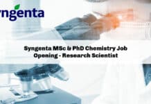 Syngenta MSc & PhD Chemistry Job Opening - Research Scientist