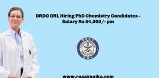 DRDO DRL Hiring PhD Chemistry Candidates - Salary Rs 54,000/- pm