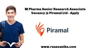 M Pharma Senior Research Associate Vacancy @ Piramal Ltd - Apply