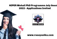 NIPER Mohali PhD Programme July Session 2022 - Applications Invited