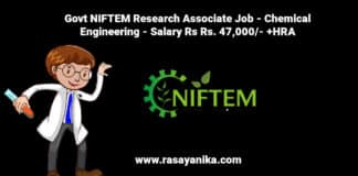 Govt NIFTEM Research Associate Job - Chemical Engineering - Salary Rs Rs. 47,000/- +HRA