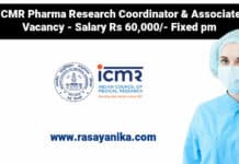 ICMR Pharma Research Coordinator & Associate Vacancy - Salary Rs 60,000/- Fixed pm