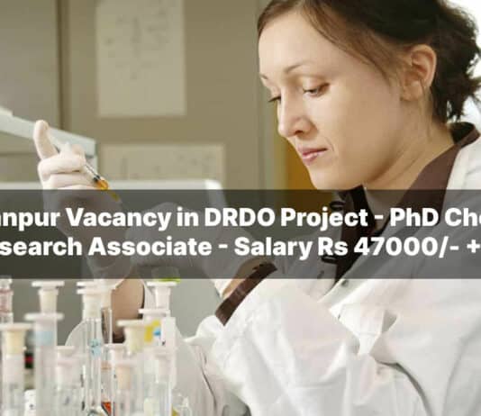 IIT Kanpur Vacancy in DRDO Project - PhD Chemistry Research Associate - Salary Rs 47000/- + HRA