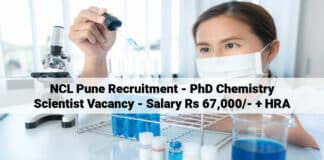 NCL Pune Recruitment - PhD Chemistry Scientist Vacancy - Salary Rs 67,000/- + HRA