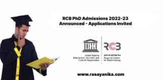 RCB PhD Admissions 2022-23 Announced - Applications Invited