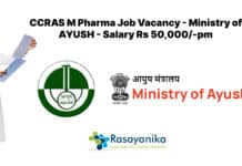 CCRAS M Pharma Job Vacancy - Ministry of AYUSH - Salary Rs 50,000/-pm