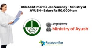 CCRAS M Pharma Job Vacancy - Ministry of AYUSH - Salary Rs 50,000/-pm