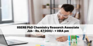 IISERB PhD Chemistry Research Associate Job - Rs. 47,000/- + HRA pm
