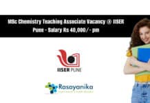 MSc Chemistry Teaching Associate Vacancy @ IISER Pune - Salary Rs 40,000_- pm