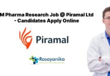 M Pharma Research Job @ Piramal Ltd - Candidates Apply Online