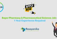 Bayer Pharmacy & Pharmaceutical Science Job - 1 Year Experience Required