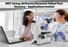 INST Hiring: M Pharma Research Fellow Post Vacancy - Applications Invited