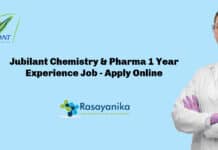 Jubilant Chemistry & Pharma 1 Year Experience Job - Apply Online