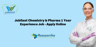 Jubilant Chemistry & Pharma 1 Year Experience Job - Apply Online