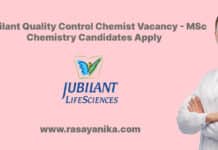 Jubilant Quality Control Chemist Vacancy - MSc Chemistry Candidates Apply