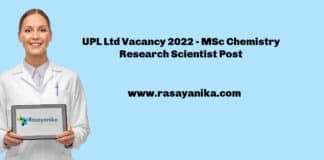 UPL Ltd Vacancy 2022 - MSc Chemistry Research Scientist Post