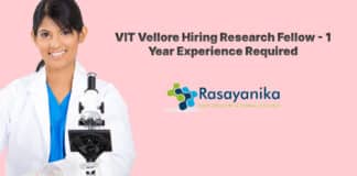 VIT Vellore Hiring Research Fellow - 1 Year Experience Required