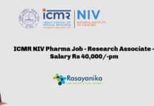 ICMR NIV Pharma Job - Research Associate - Salary Rs 40,000/-pm