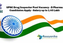 UPSC Drug Inspector Post Vacancy - D Pharma Candidates Apply - Salary up to 1.45 Lakh