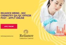 Reliance Hiring - BSc Chemistry QA/QC Officer Post - Apply Online