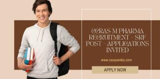 CCRAS M Pharma Recruitment - SRF Post - Applications Invited