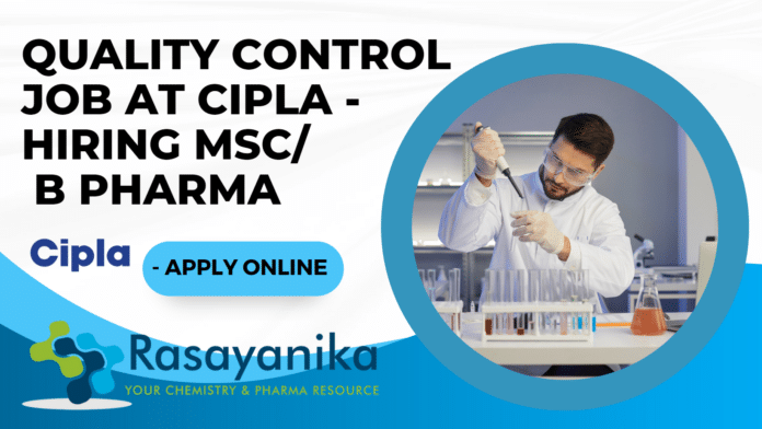 Quality Control Job at Cipla - Hiring MSc/ B Pharma - Apply Online