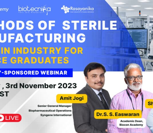 Biocon Academy Webinar Registrations - Methods in Sterile Manufacturing: Scope in the Industry for Science Graduates