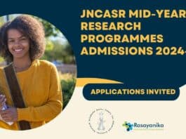 JNCASR Research Programmes Admissions 2024-25