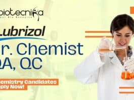 Lubrizol Sr. Chemist QA, QC - Chemistry Candidates Apply Now!