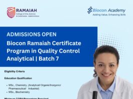 Admissions Open For Biocon Ramaiah Certificate Program in QC Analytical - Batch 7