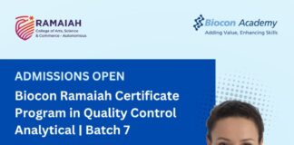 Admissions Open For Biocon Ramaiah Certificate Program in QC Analytical - Batch 7
