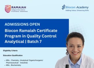 Admissions Open For Biocon Ramaiah Certificate Program in QC Analytical - Batch 7