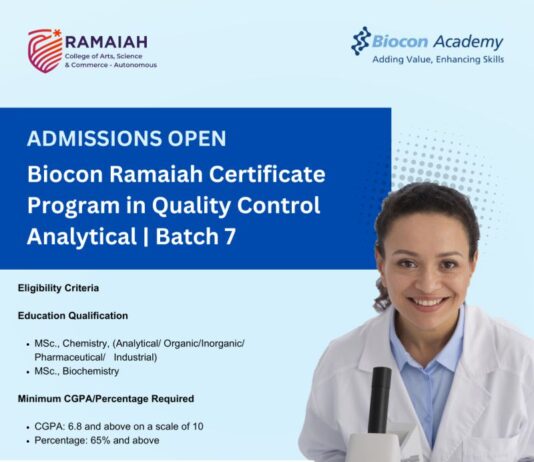 Admissions Open For Biocon Ramaiah Certificate Program in QC Analytical - Batch 7
