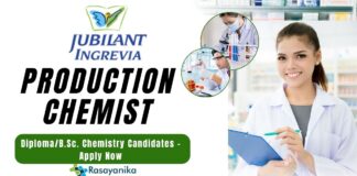 Production Chemist at Jubilant Ingrevia, DiplomaB.Sc. Chemistry Candidates - Apply Now