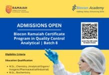 Admissions Open For Biocon Ramaiah Certificate Program in QC Analytical - Batch 8. Biocon Ramaiah Batch 8 QC Analytical Admissions.