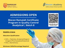 Admissions Open For Biocon Ramaiah Certificate Program in QC Analytical - Batch 8. Biocon Ramaiah Batch 8 QC Analytical Admissions.