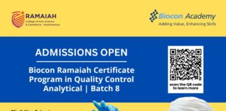 Admissions Open For Biocon Ramaiah Certificate Program in QC Analytical - Batch 8. Biocon Ramaiah Batch 8 QC Analytical Admissions.