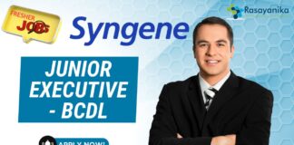Fresher Chemistry job at Syngene -Junior Executive - BCDL, Apply online! (1)