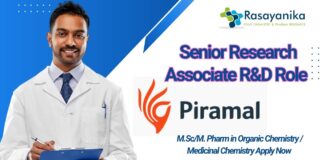 Senior Research Associate R&D Role at Piramal | M.Sc/M. Pharm in Organic Chemistry / Medicinal Chemistry Apply Now