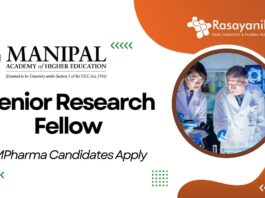 MAHE Manipal Senior Research Fellow Job – MPharma Candidates Apply