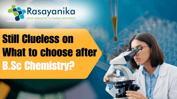 B.Sc Chemistry graduate looking into a microscope with text overlay “Still Clueless on What to Choose After B.Sc Chemistry?