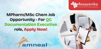 MPharm/MSc Chem Job Opportunity - For QC Documentation Executive role, Apply Now!