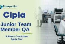 Junior Team Member QA at Cipla | B Pharm Candidates Apply Now