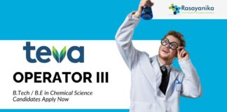 B.Tech / B.E in Chemical Science Jobs for Operator III Role at Teva