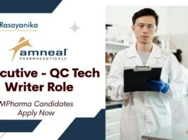 Latest MPharma Jobs at Amneal l Apply Now for Executive - QC Tech Writer Role.
